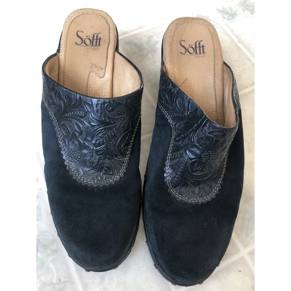 Sofft Black Tooled Leather Suede Slip On Heel Mules Clogs Sz 8.5M